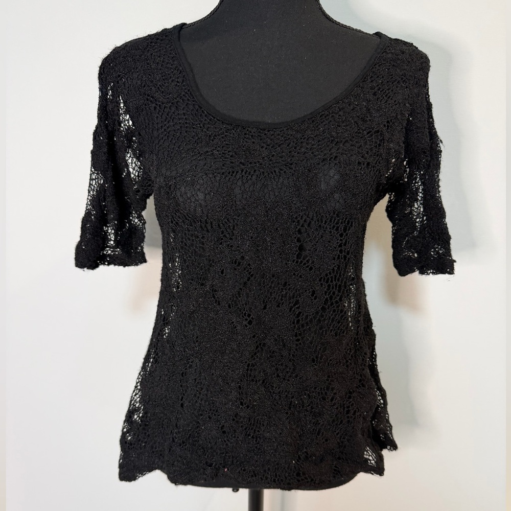 Black Crochet Short Sleeve Women's Top